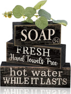 Lineshading 4 Pcs Bathroom Shelf Decor Sign Farmhouse Bathroom Decor and Accessories Rustic Eucalyptus Leaves Block Sign Soap Fresh Hand Towel Free Table Centerpiece for Home Toilet Hotel Campsite
