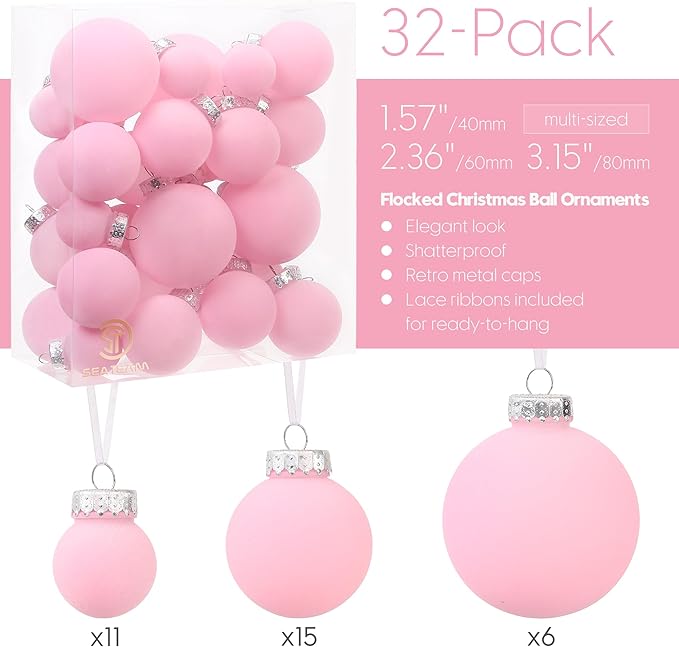 Sea Team 32-Pack Flocked Velvet Christmas Tree Ball Ornaments Set, Decorative Hanging Baubles, Shatterproof Plastic Decorations for Xmas Tree, Wreath, Garland, Multi-Sized, Pink