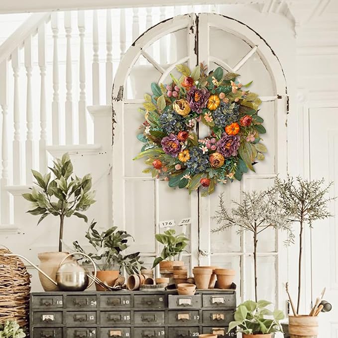 WANNA-CUL 24 Inch Spring Fall Wreaths for Front Door with Blue Hydrangea, Fall Wreath with Purple,Orange Peony-Fall Decoration for Home-Fall Decor Door Wreath for Valentines Day Mothers Day Autumn