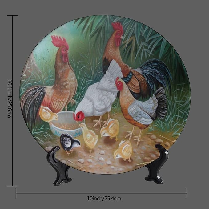 Rooster Decorative Plate Stand, 10 Inch, Rooster Hen Chicks Foraging Round Display Plate, Table Top Plate Decor with Stand, for Wall Hanging Living Room Bathroom Decor Gift