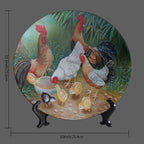 Rooster Decorative Plate Stand, 10 Inch, Rooster Hen Chicks Foraging Round Display Plate, Table Top Plate Decor with Stand, for Wall Hanging Living Room Bathroom Decor Gift