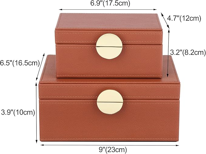 HofferRuffer Faux Leather Jewelry Boxes, Decorative Boxes Storage Accessory Organizer with Gold Hardware Decor, Classic Vegan Leather Set of 2 Pieces (Brown)