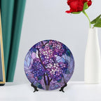 Stained Glass Theme Decorative Ceramic Plate Round Porcelain Plate,7 inch,Lilac Pattern,for Decorative Ornaments Giving Plates, 1 Plate with 1 Display Stand,Purple