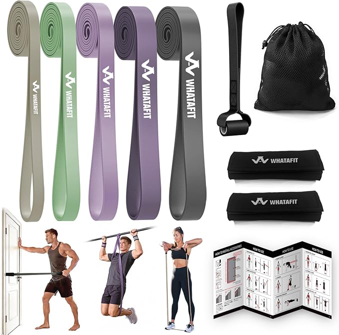 WHATAFIT Resistance Bands,Pull Up Assist Bands Set with Handles, Exercise & Workout Bands with Door Anchor for Men & Women – Home Fitness Equipment for Strength Training, Stretching