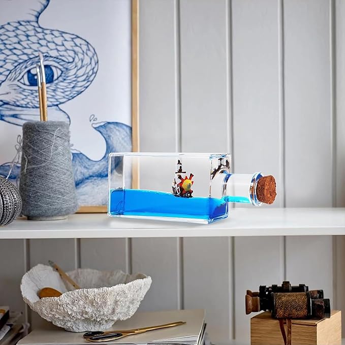 Unsinkable Boat One Thousand Pirate Ship Piece Model Sunny Ornaments in a Bottle Box Acrylic Cruise Ship Fluid Drift Paperweight Desk for Decoration Boys Girls Gifts (Blue-b)