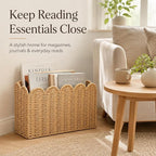 Paper Rope Magazine Holder for Floor with Scalloped Edge, Tall Narrow Wicker Magazine Basket – Book Basket, File Holder & Mail Basket for Living Room, Office & Bedroom