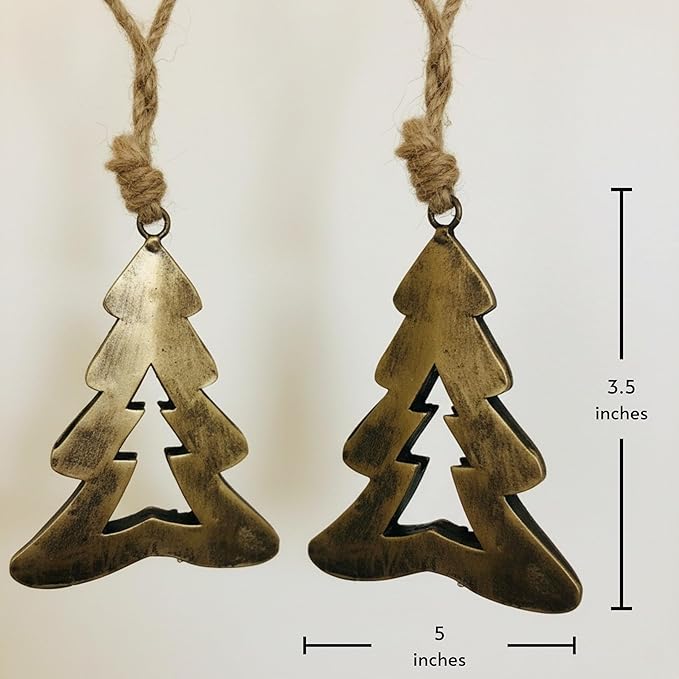 Rustic Iron Wall Accent - Handmade Metal Hanging Décor with Rope for Indoor & Outdoor Use - Flat Christmas Tree (5" 3.5") Design for Rustic Home Decoration (Set of 2)