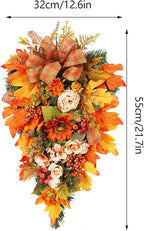 21.7Inch Artificial Fall Harvest Teardrop Swag for Front Door Thanksgiving Teardrop Wreath with Maple Leaves Berry Autumn Floral Swag for Home Wall(No Light)