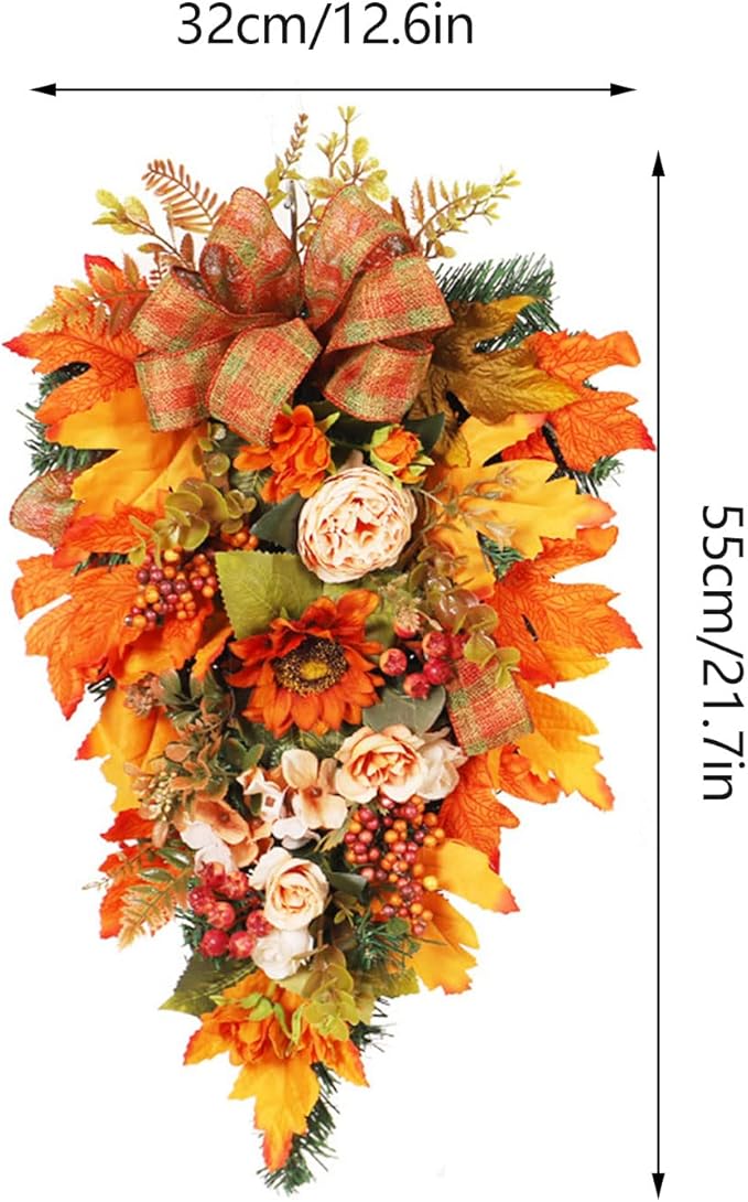21.7Inch Artificial Fall Harvest Teardrop Swag for Front Door Thanksgiving Teardrop Wreath with Maple Leaves Berry Autumn Floral Swag for Home Wall(No Light)