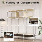 Portable Amories Closet Wardrobe with Non Woven Fabric Cover,59 Inch Large Metal Clothes Rack Storage Closet with 3 Hanging Rods,3 Drawers and 3 Storage Shelves,Brown,for Small Room
