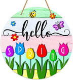 JUESMOS Hello Spring Door Decorations Colorful Tulip Flowers Spring Wreath Sign for Front Door Welcome Spring Door Sign Farmhouse Spring Decorations for Home Wreath Wall Porch Indoor Outdoor