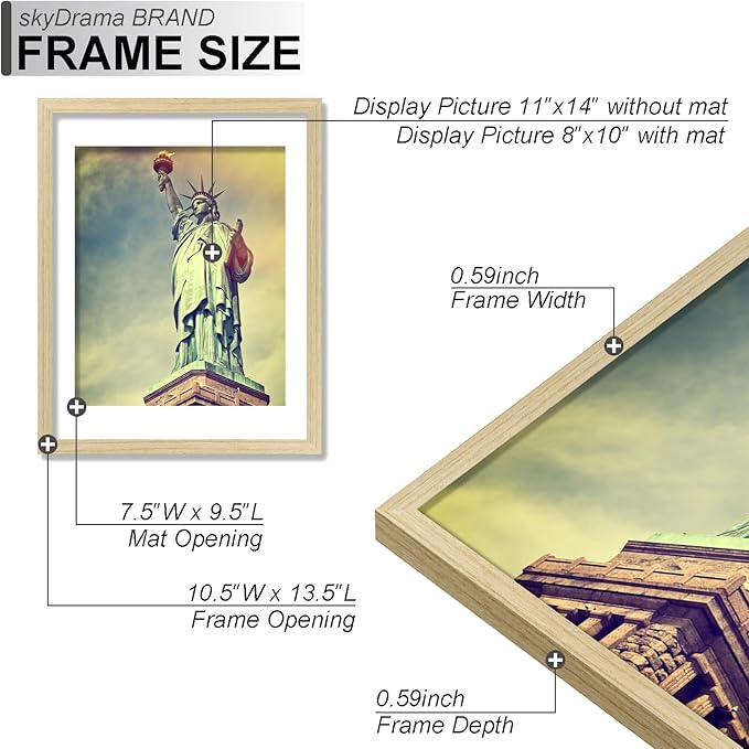 100% Solid Wood 11x14 Picture Frame Set of 5, Natural Oak Frame Display Photo 8x10 with Mat or 11 x 14 without Mat, 11 by 14 Frame Natural Wood Finish for Wall - 5 Pack/Natural/11 x14