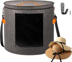 Oversized Hat Storage Box for Women & Men，19" D x 17" H Cowboy Hat Boxes with 1 Wood Hook Felt travel Round Hat Organizer Box with Dustproof Lid (Gray)