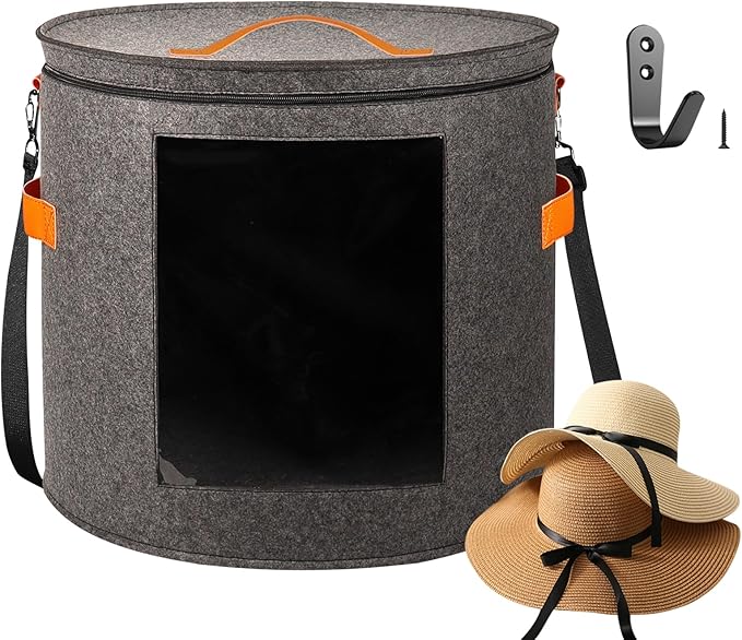 Oversized Hat Storage Box for Women & Men，19" D x 17" H Cowboy Hat Boxes with 1 Wood Hook Felt travel Round Hat Organizer Box with Dustproof Lid (Gray)