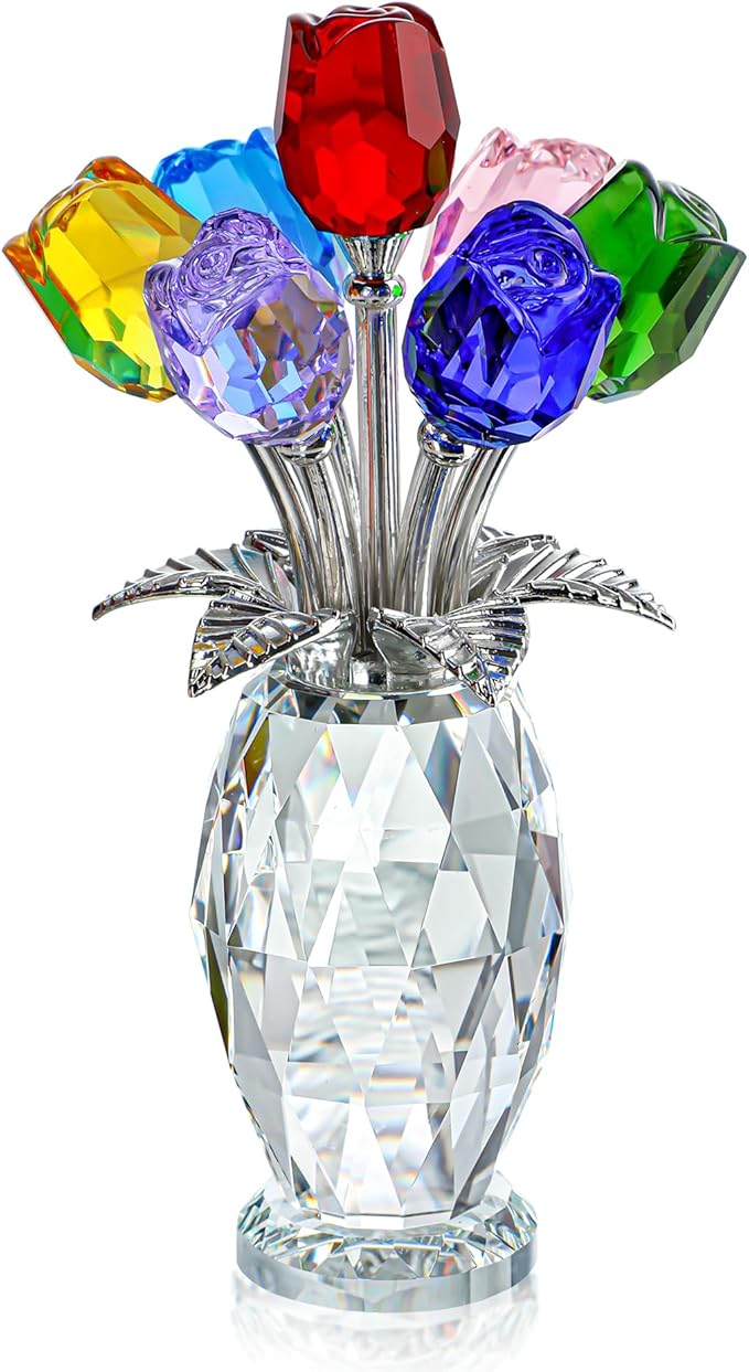 H&D HYALINE & DORA Colorful Crystal Rose Figurine - Rose Flower Gifts for Women - Wedding Party Collectible Figurines - Gift Box Included
