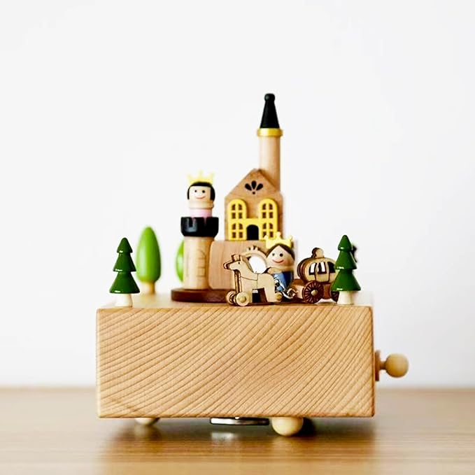 Natural Solid Wood Handcrafted Beech Wooden, Musical FigureTotoro/Carousel/Fairy/Ballerina Figurine,Rotating Hand Crank Mechanism Music Box,Musical Decorations (Prince and Princess)