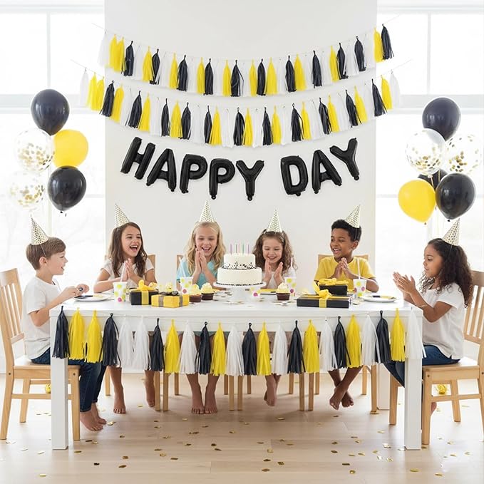 Black Yellow and White Paper Tissue Tassel Garland Banner for Party Decorations,15 Pcs