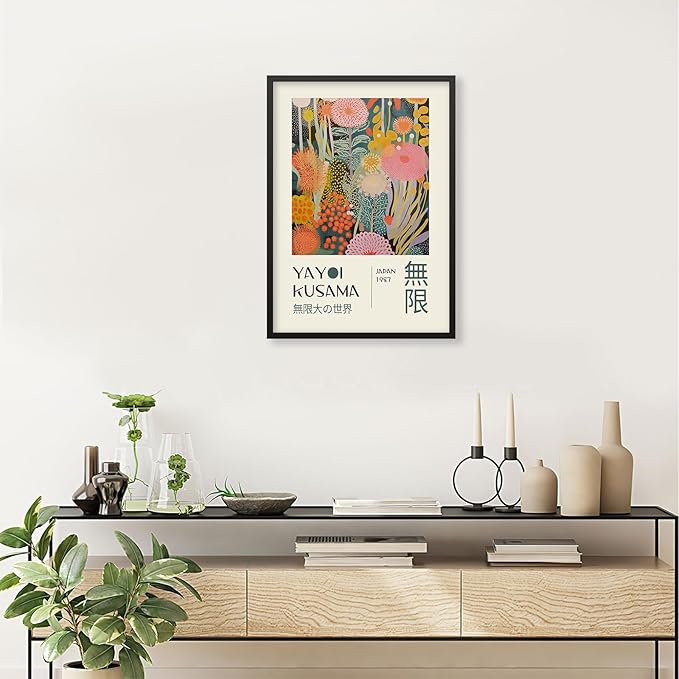 Abstract Yayoi Kusama Posters Japanese Wall Art Vintage Tokyo Aesthetic Prints Yayoi Kusama Inspired Japanese Gallery Wall Art for Stylish Room Bedroom Living Room Decor 12x16in Black Framed
