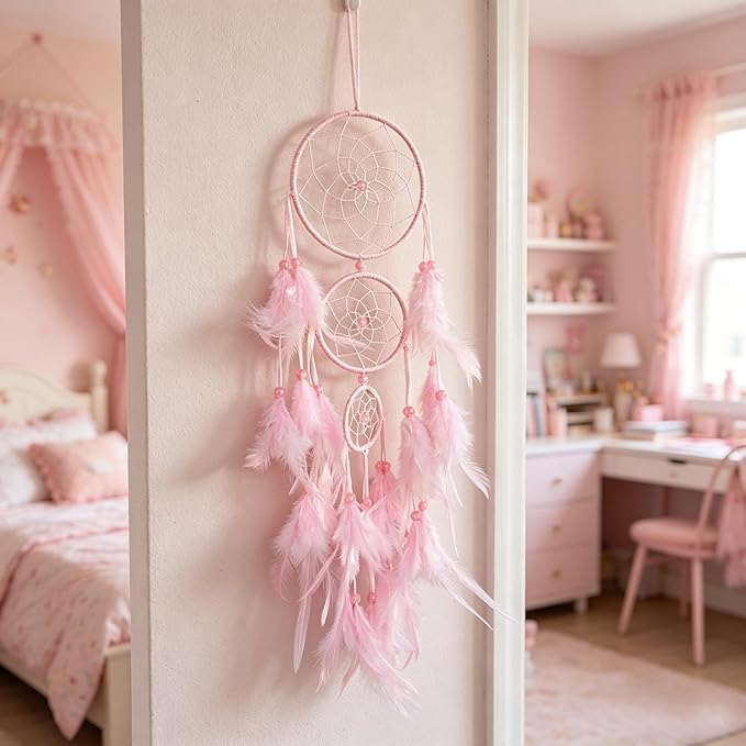 Triple Circles Silk Ribbon Pink Dream Catcher for Girls - Wall Decor for Bedroom, Girl's Room Hanging Decor, Boho Wall Art for Girls Bedroom