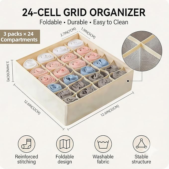 Beige 24 Grid 3 Pack Foldable Underwear Sock Storage Organizer, Non-Woven Fabric Closet Drawer Divider Bins for Socks, Ties, Baby Clothes, Dresser & Wardrobe Organization Boxes (Beige 3 Pack)