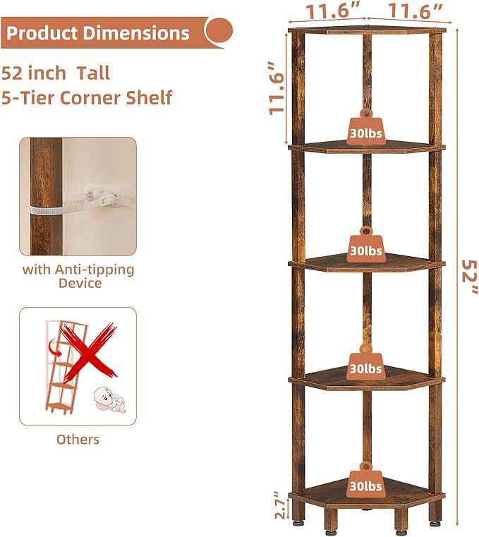 YUFAM 5-Tier Corner Shelf with Sturdy 5-Leg Base, Wooden Corner Bookshelf for Small Spaces, Corner Standing Shelf for Living Room, Bedroom, Office, Brown