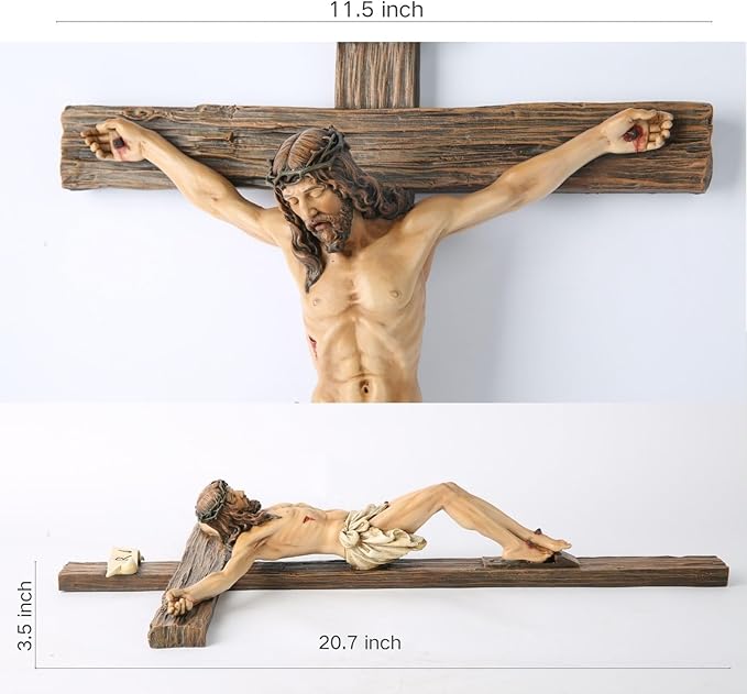BC Catholic Crucifix Wall Cross, 20.75"H Large Jesus Christ Inspirtional Home Décor, Devout Gift, Renaissance Sculpture Handmade by Buildclassic