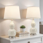 GyroVu 22" Table Lamp Set of 2, Color Temperature Adjustable Double Gourd Ceramic Lamps Classic Nightstand Table Lamps for Bedroom Beside Lamps for Living Room, Cream-Bulbs Included