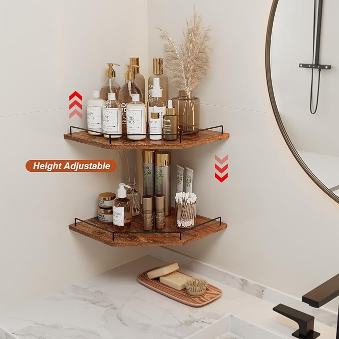 JJL Corner Shelf Wall Mounted, 12 Inches 2-Tier Floating Corner Shelf, Hexagon Rustic Wood Decor with Fence, Brown Storage Organizer for Apartment Bedroom Kitchen Bathroom