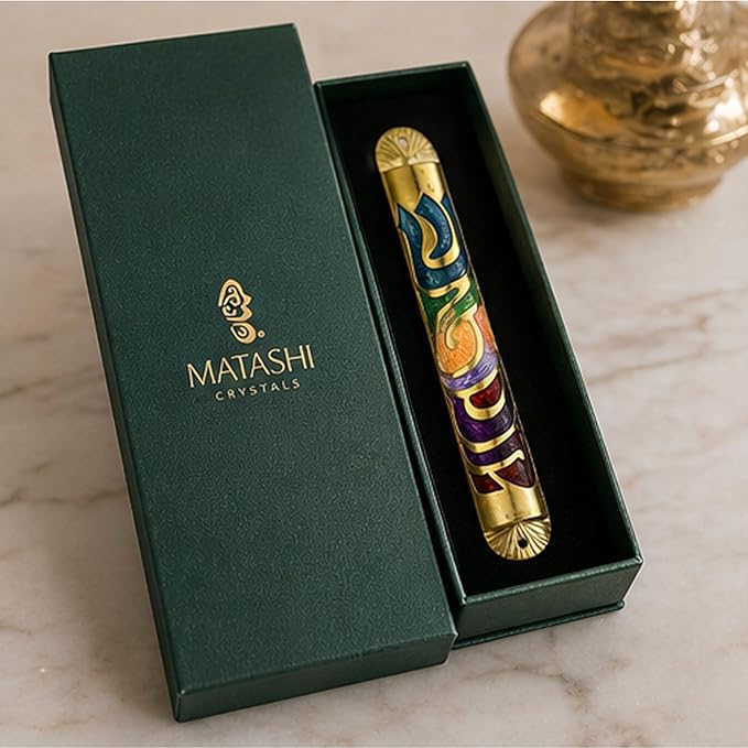 Matashi Gold Hand Painted Multi Color Enamel 6 inch Mezuzah Embellished with Hebrew Shin Home Door Wall Decor Home Décor Jewish Holiday Housewarming Present House Blessing Gift for Holiday Festival