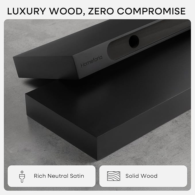 Homeforia Black Floating Shelves 24 inch, High End Solid Real Wood 24inch Bathroom Floating Shelf for Wall Mounted, Black Wooden 24in Floating Shelves, Heavy Duty Bracket, 24 X 6.5 X 1.75 in, Set of 3