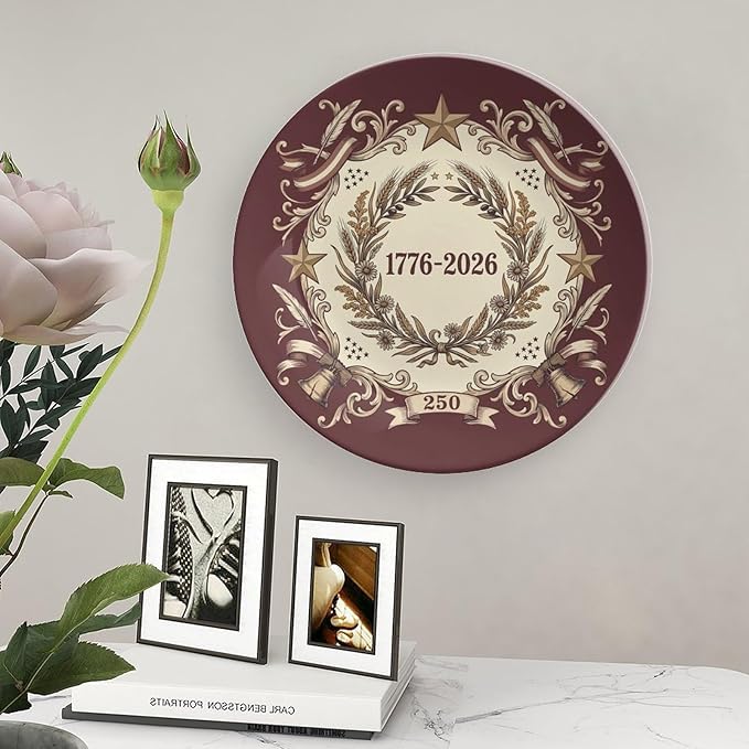 250th Anniversary Decorative Plates 8 Inch Vintage Patriotic Decorations Commemorative Plates with Stand Independence Day 4th of July Semiquincentennial Home & Office Decor