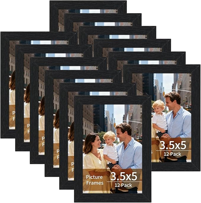 Lyeasw 3.5x5 Picture Frames Black 12 Pack, 3.5 x 5 Photo Frame Matte Wood Grain, Bulk 3.5 by 5 frames for Wall Hanging or Tabletop Display
