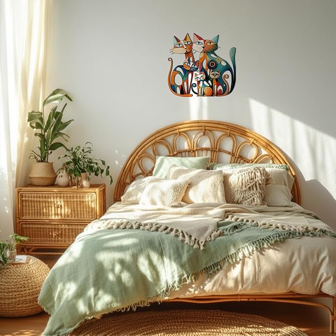 Wesiti Cat Wall Art Decor Iron Wall Sculptures Decor for Cats Lover 13.7 x 13 Inches Colorful Mid Century Cat Retro Signs for Home Living Room Bedroom Kitchen Office(Opulent)