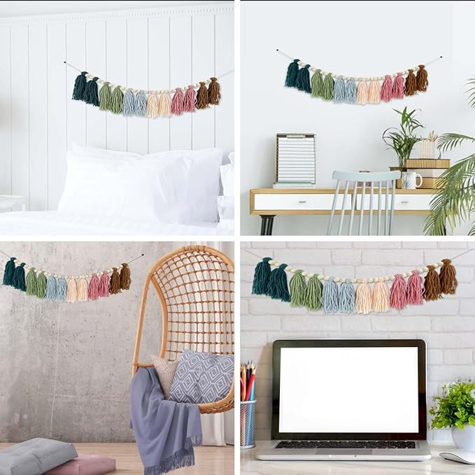 Rainbow Boho Tassel Wall Hanging with Wood Beads - Colorful Pastel Tassel Garland for Kids Room, Classroom, Bedroom, Nursery Home Decoration