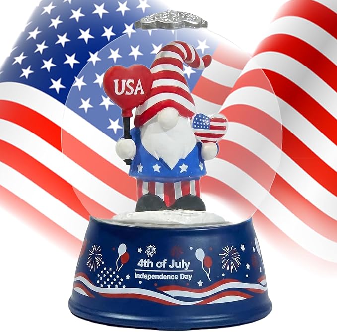 Patriotic 4th of July Gnome Snow Globe Lantern with Music - Light Up Water Globe with Swirling Glitter, USB or Battery Operated,Lighted Independence Day Decor Indoor, Patriotic Decor Gift (Gnome)