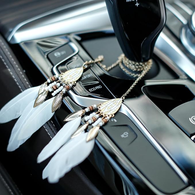 Mini Dream Catcher Car Interior Rearview Mirror Hanging Decor Nature Feather Small Boho Car Charms Pendant Accessories (New White)