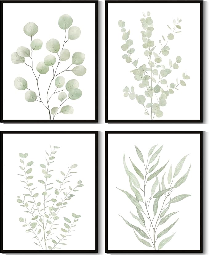 Drsoum Botanical Plant Framed Wall Art Boho Wall Decor for Bathroom Sage Green Eucalyptus Leaf Prints Minimalist Aesthetic Ready to Hang Set of 4, 8x10 in (Black Framed)