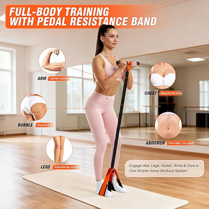 Pedal Resistance Bands with Handles, Upgrade Women Exercise Bands for Full Body Training, Core, ABS, Legs, Glutes, Arms, Pilates, Physical Therapy, Strength, Sit Up Equipment for Home Workout