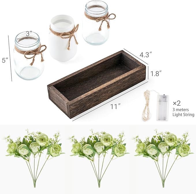 Mkono Mason Jar Lights Centerpiece Table Decor for Dining Room Farmhouse Wood Tray with 3 Jars Flowers Valentines Day Decoration for Coffee Table Kitchen Living Room Wedding