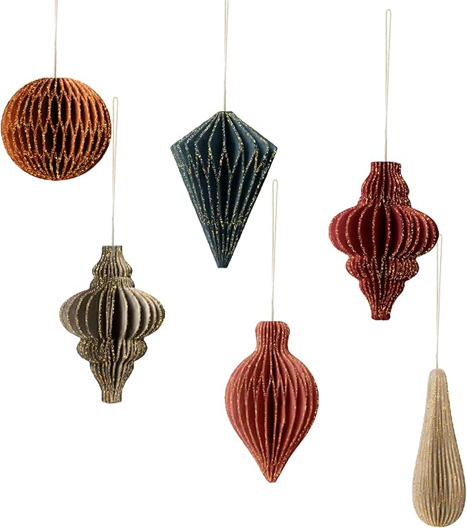 NICROLANDEE Christmas Decorations, 6 PCS Christmas Paper Honeycomb Ornaments with Glitter Edge, Mini Hanging Paper Lanterns for Christmas Tree Decoration Xmas Holiday Party New Year Decor