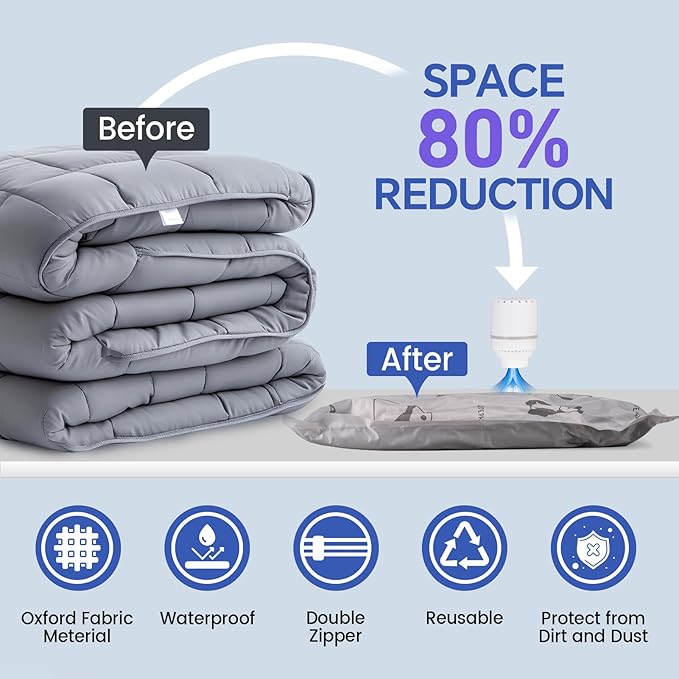 8 Pack Jumbo Vacuum Storage Bags with Pump, Smart App Tracking, 8 Stickers & 1 Marker – Tear-Proof Oxford Fabric, Leak-Proof, Reusable Vacuum Seal Bags for Clothing, Blankets, Bedding, Comforters