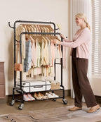 Homde Heavy Duty Clothes Rack: 265lb Rolling Double Rod Garment Hanging - Metal Coat Organizer Storage Display Shelf on Wheels for Bedroom Laundry