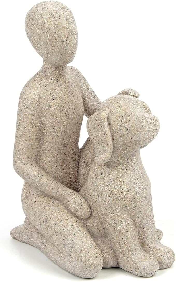 Dog Statue Home Decor, Man with Dog Sculpture for Desk Office Living Room, Hand-Painted Resin Figurine - Memory Gift for Pet Lovers, Dog Dad, Christmas & Housewarming (Sandstone)