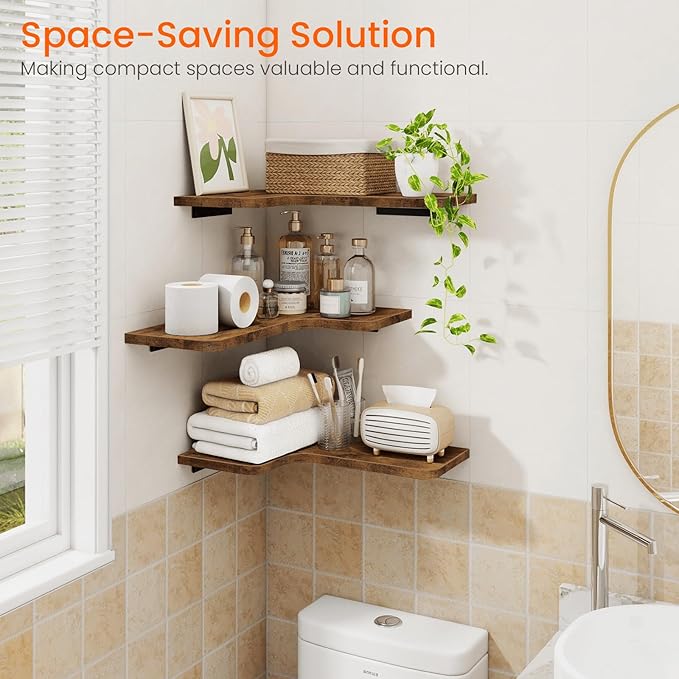 Homode Corner Floating Shelves, Corner Shelves Wall Mounted with Cord Hole, Set of 3 L Shape Wood Wall Storage Shelves for Living Room Bedroom Bathroom Kitchen, Rustic Brown