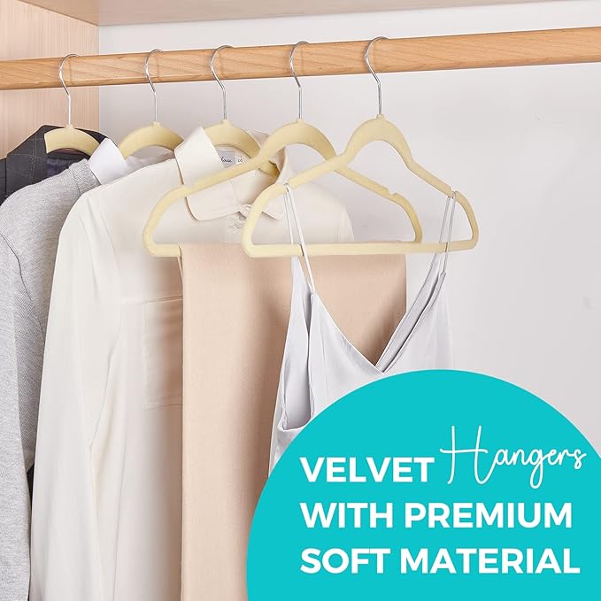 HOUSE DAY Premium Velvet Hangers 50 Pack, Non-Slip Flocked Felt Hangers, Sturdy Clothes Hangers with 360° Rotatable Hook, Heavy Duty Coat Hanger, Durable Slim Beige Hanger for Closet Space Saving