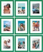 Vittanly 8x10 Picture Frames Set of 9, Shatter Resistant Plexiglass, Display 5x7 Pictures with Mat or 8x10 without Mat, Photo Frames for Wall or Tabletop, Engineered Wood, Green