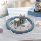 Hanobe Beach Decor Decorative Tray: Farmhouse Coastal Tray for Nautical Themed Decorations Coffee Table - Round Wooden Trays Ocean Style for Bathroom Countertop Centerpiece Rustic Blue