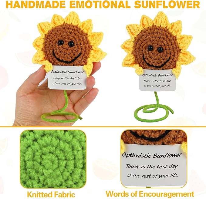 DAFURIET Mini Funny Sunflower, 3 inch Knitted Wool Doll with Optimstic Card for Cheer Up Gifts and Party Decorations, Cute Wool Sunflower Crochet Doll for Birthday Gifts