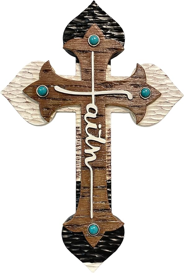 De Leon Collections 14234 Faith Brown and Cream Color 11.8 Inch Polyresin Southwestern Rustic Distressed Decorative Home Décor Hanging Sculpture Wall Cross