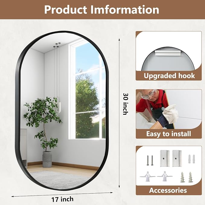Black Oval Mirror, 17"x30" Oval Bathroom Mirror, Vanity Mirror with Brushed Metal Frame, Wall Mount Mirrors Decor for Bathroom, Bedroom, Entryway, Living Room(Hangs Horizontally or Vertically)